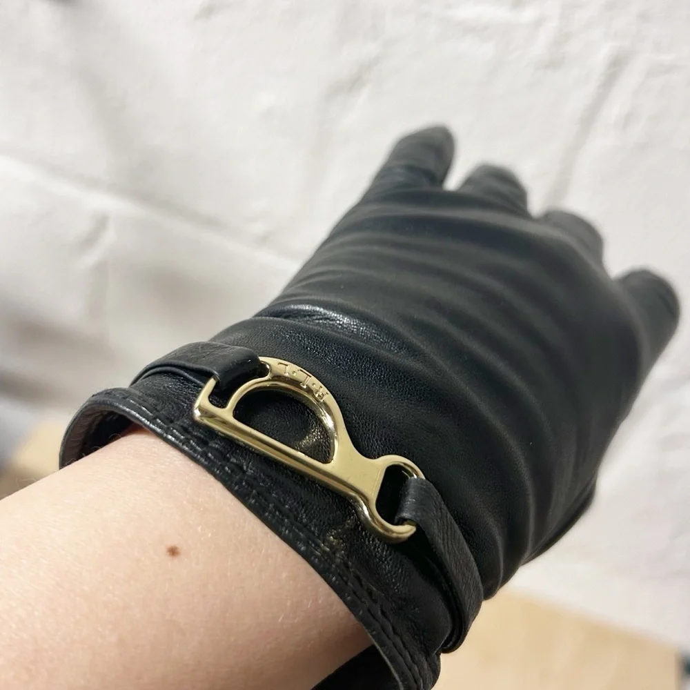 Lauren Ralph Lauren Bridle-Belt Black Leather Gloves with Gold Accents EUC Sz M